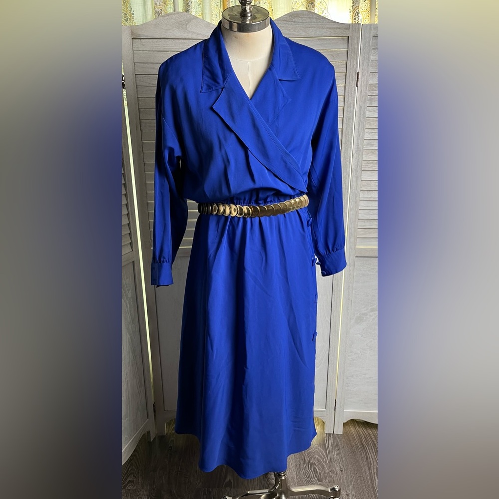 Vintage Pat Argenti blue/royal/long sleeve/calf length dress sz16